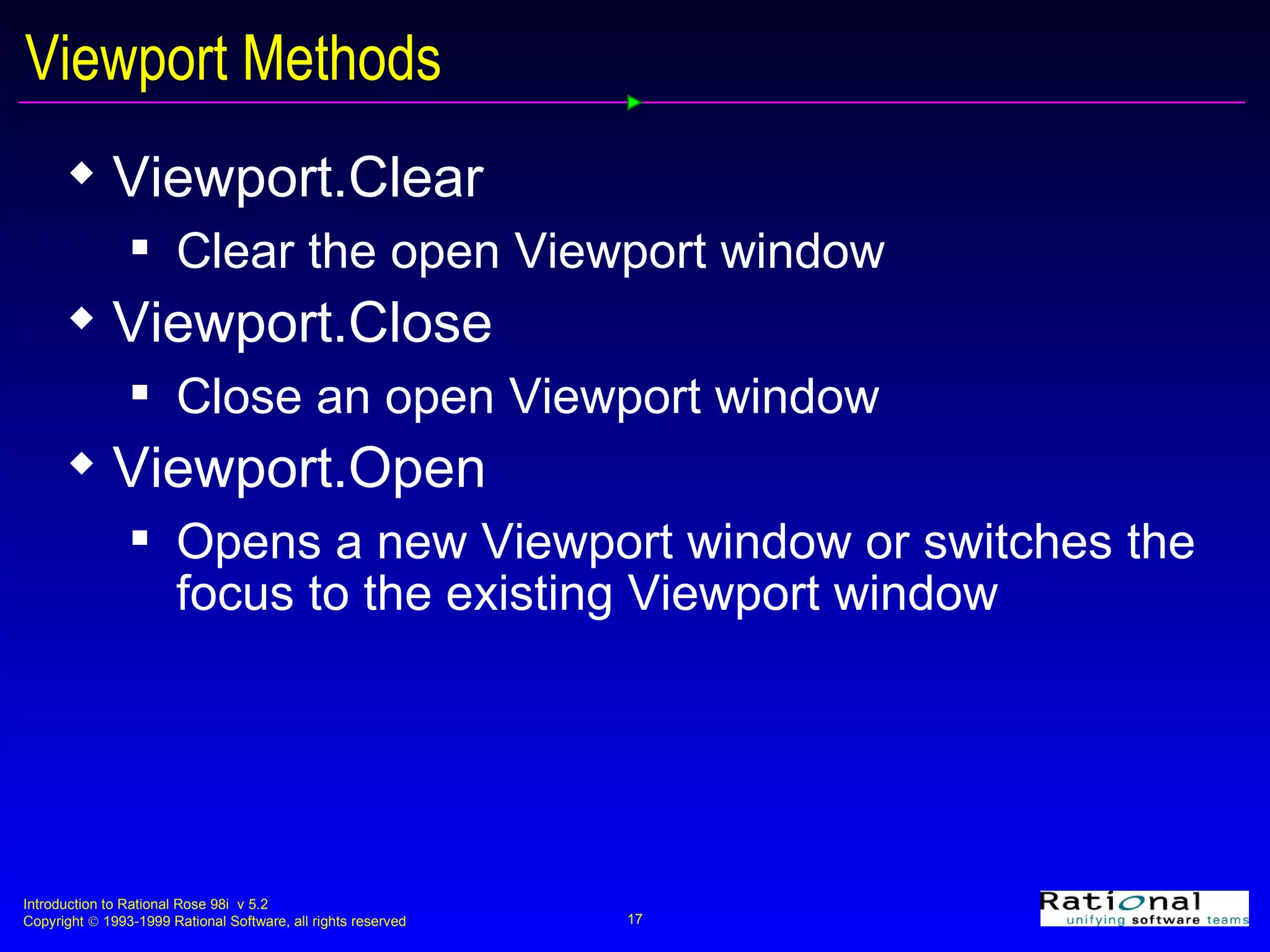 Viewport Methods Viewport.Clear  Clear the open Viewport window Viewport.Close  Close an open Viewport window Viewport.Open  Opens a new Viewport window or switches the focus to the existing Viewport window 