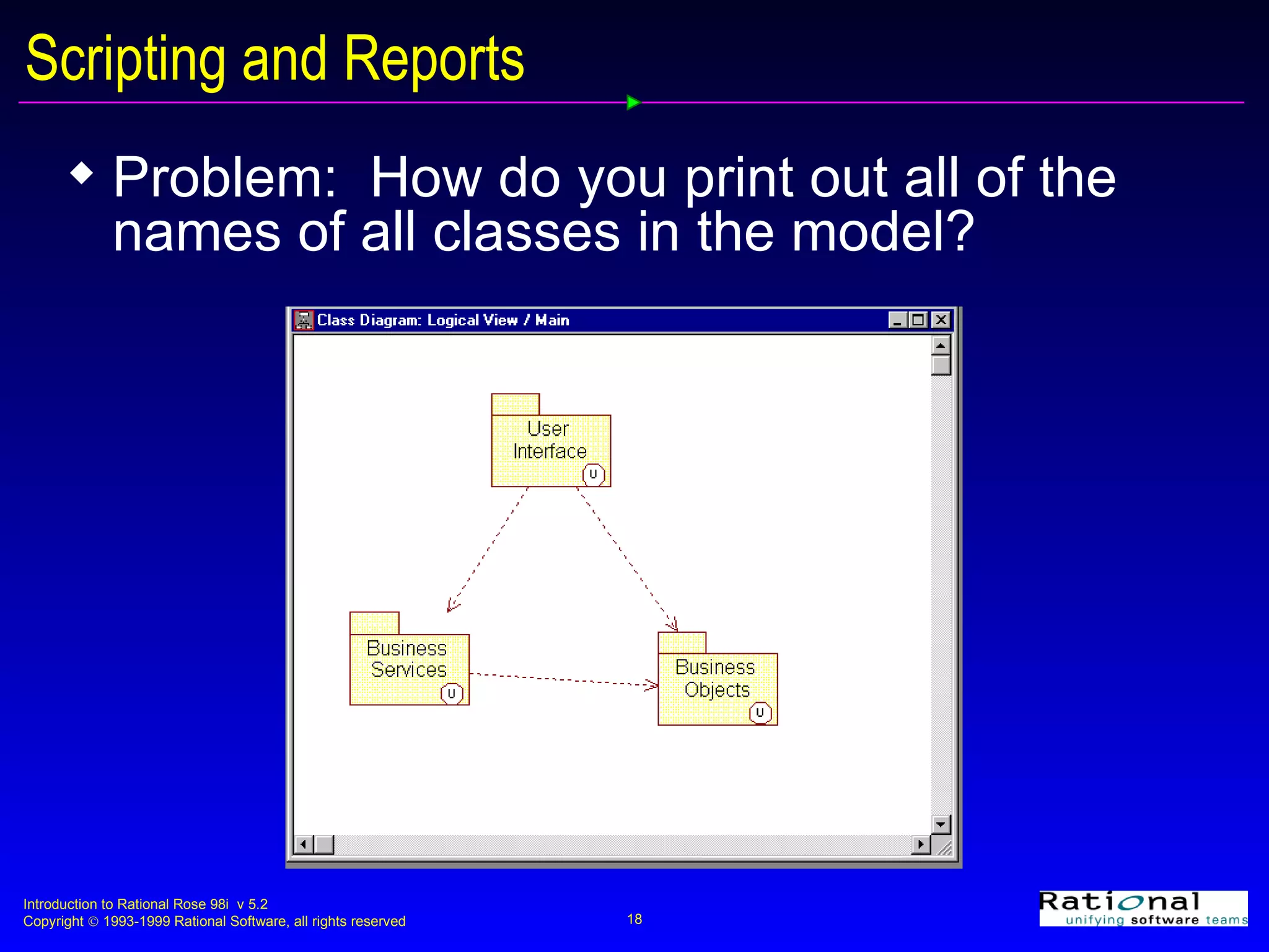 Scripting and Reports Problem:  How do you print out all of the names of all classes in the model? 
