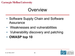 © Len Bass 2019 32
Overview
• Software Supply Chain and Software
Assurance
• Weaknesses and vulnerabilities
• Vulnerability discovery and patching
• OWASP top 10
 