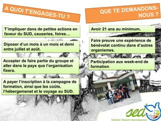 Avoir 21 ans au minimum.
Faire preuve une expérience de
bénévolat continu dans d’autres
organismes.
Participation aux week-end de
formation
T’impliquer dans de petites actions en
faveur du SUD, causeries, foires…
Diposer d’un mois à un mois et demi
entre juillet et août.
Accepter de faire partie du groupe et
aller dans le pays que l’organisation
fixera.
A payer l’inscription à la campagne de
formation, ainsi que les coûts,
l’hébergemenet et le voyage au SUD.
 
