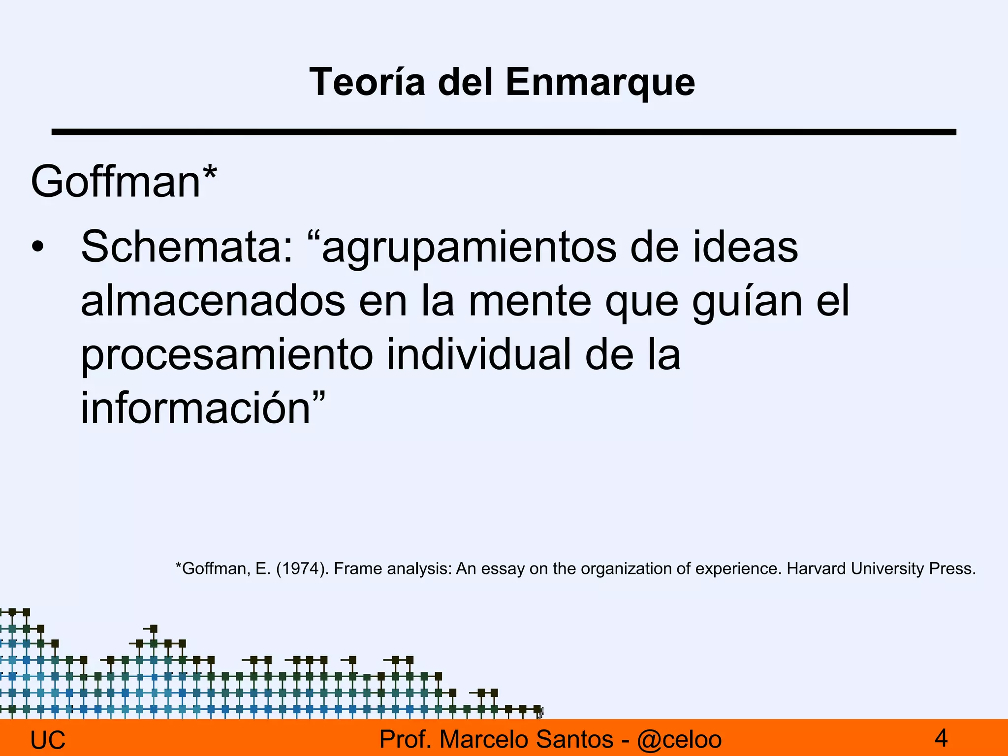 Teoría del Enmarque
Goffman*
• Schemata: “agrupamientos de ideas
almacenados en la mente que guían el
procesamiento individual de la
información”
UC 4Prof. Marcelo Santos - @celoo
*Goffman, E. (1974). Frame analysis: An essay on the organization of experience. Harvard University Press.
 