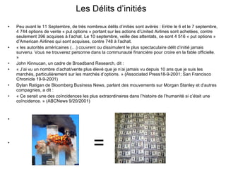 Les Délits d’initiés Peu avant le 11 Septembre, de très nombreux délits d’initiés sont avérés : Entre le 6 et le 7 septembre, 4 744 options de vente « put options » portant sur les actions d’United Airlines sont achetées, contre seulement 396 acquises à l’achat. Le 10 septembre, veille des attentats, ce sont 4 516 « put options » d’American Airlines qui sont acquises, contre 748 à l’achat.  « les autorités américaines (…) couvrent ou dissimulent le plus spectaculaire délit d’initié jamais survenu. Vous ne trouverez personne dans la communauté financière pour croire en la fable officielle. »  John Kinnucan, un cadre de Broadband Research, dit :  « J’ai vu un nombre d’achat/vente plus élevé que je n’ai jamais vu depuis 10 ans que je suis les marchés, particulièrement sur les marchés d’options. » (Associated Press18-9-2001; San Francisco Chronicle 19-9-2001)  Dylan Ratigan de Bloomberg Business News, parlant des mouvements sur Morgan Stanley et d’autres compagnies, a dit :  « Ce serait une des coïncidences les plus extraordinaires dans l’histoire de l’humanité si c’était une coïncidence. » (ABCNews 9/20/2001) =  
