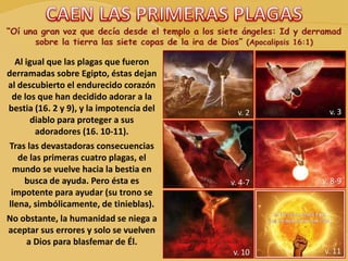 Al igual que las plagas que fueron
derramadas sobre Egipto, éstas dejan
al descubierto el endurecido corazón
de los que han decidido adorar a la
bestia (16. 2 y 9), y la impotencia del
diablo para proteger a sus
adoradores (16. 10-11).
Tras las devastadoras consecuencias
de las primeras cuatro plagas, el
mundo se vuelve hacia la bestia en
busca de ayuda. Pero ésta es
impotente para ayudar (su trono se
llena, simbólicamente, de tinieblas).
No obstante, la humanidad se niega a
aceptar sus errores y solo se vuelven
a Dios para blasfemar de Él.
v. 2 v. 3
v. 4-7 v. 8-9
v. 10 v. 11
 