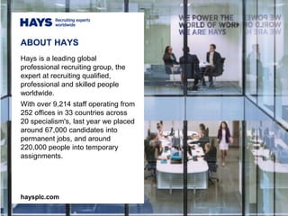 ABOUT HAYS
Hays is a leading global
professional recruiting group, the
expert at recruiting qualified,
professional and skilled people
worldwide.
With over 9,214 staff operating from
252 offices in 33 countries across
20 specialism's, last year we placed
around 67,000 candidates into
permanent jobs, and around
220,000 people into temporary
assignments.
haysplc.com
 