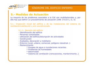 SÍNDROME DEL EDIFICIO ENFERMO
5.- Medidas de Actuación
La mayoría de los problemas asociados a la CAI son multifactoriales y, porLa mayoría de los problemas asociados a la CAI son multifactoriales y, por
ello hay que definir un procedimiento de actuación (UNE 17133-1,-2,-3)
5.1.- Inspección inicial del edificio y de las instalaciones del sistema de
til ió / l f ió i di i dventilación/calefacción y aire acondicionado.
5.1.1.- Revisión del edificio
- Identificación del edificioIdentificación del edificio
- Personas contactadas
- Utilización del edificio/descripción de actividades
- Construcción
A b d d ió bili i- Acabados, decoración y mobiliario
- Entorno (rural, urbano, comercial, polígono industrial…)
- Mantenimiento
* Escapes de agua o inundaciones recientesEscapes de agua o inundaciones recientes
* Problemas de humedades
* Electricidad
* Sistema de ventilación (renovaciones, mantenimiento..)
 