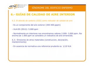 SÍNDROME DEL EDIFICIO ENFERMO
6.- GUÍAS DE CALIDAD DE AIRE INTERIOR
6.2. El dióxido de carbono (CO2) como indicador de calidad de aire
- Es un componente del aire exterior (300-400 pppm)Es un componente del aire exterior (300 400 pppm)
- VLA-ED (2012): 5.000 ppm
N l t i t i t l 2 000 3 000 P- Normalmente en interiores nos encontramos valores 2.000- 3.000 ppm. Por
encima de 1.000 ppm se considera un indicativo de aire enrarecido.
6.3.- Emisiones de otros materiales (construccion, decoración,6.3. Emisiones de otros materiales (construccion, decoración,
mantenimiento)
- En ausencia de normativa una referencia prudente es 1/10 VLA
 