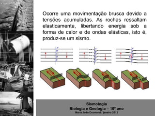 Ocorre uma movimentação brusca devido a
tensões acumuladas. As rochas ressaltam
elasticamente, libertando energia sob a
forma de calor e de ondas elásticas, isto é,
produz-se um sismo.




                    Sismologia
           Biologia e Geologia – 10º ano
              Maria João Drumond / janeiro 2013
 