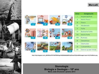 Mercalli




http://4.bp.blogspot.com/_jWIHSSuA7RY/S4FfENHUgnI/AAAAAAAAAEE/tqVDsowF2Gs/s400/Imagem+sem+t%C3%ADtulo.png




                            Sismologia
                   Biologia e Geologia – 10º ano
                         Maria João Drumond / janeiro 2013
 