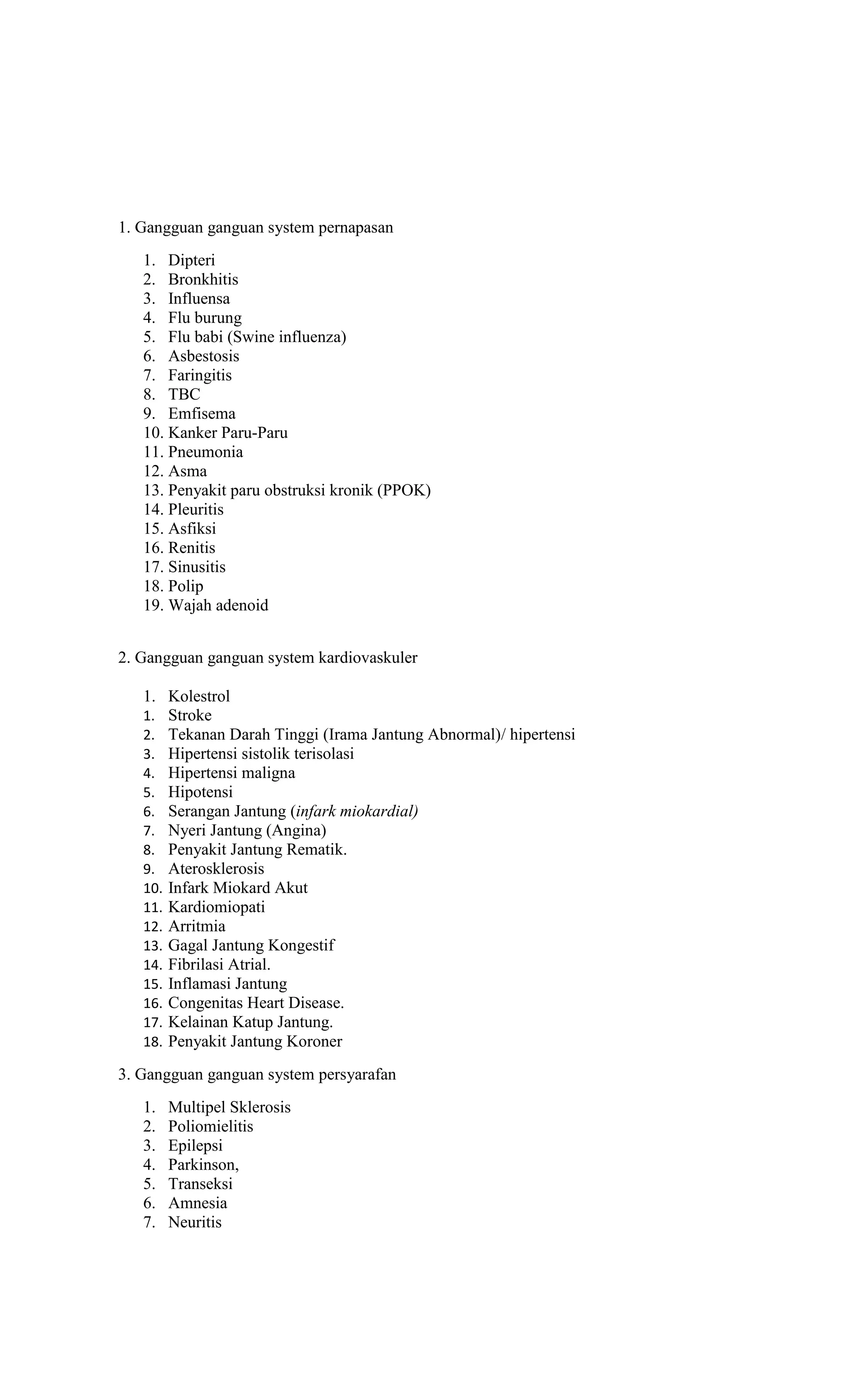 1. Gangguan ganguan system pernapasan
1. Dipteri
2. Bronkhitis
3. Influensa
4. Flu burung
5. Flu babi (Swine influenza)
6. Asbestosis
7. Faringitis
8. TBC
9. Emfisema
10. Kanker Paru-Paru
11. Pneumonia
12. Asma
13. Penyakit paru obstruksi kronik (PPOK)
14. Pleuritis
15. Asfiksi
16. Renitis
17. Sinusitis
18. Polip
19. Wajah adenoid
2. Gangguan ganguan system kardiovaskuler
1. Kolestrol
1. Stroke
2. Tekanan Darah Tinggi (Irama Jantung Abnormal)/ hipertensi
3. Hipertensi sistolik terisolasi
4. Hipertensi maligna
5. Hipotensi
6. Serangan Jantung (infark miokardial)
7. Nyeri Jantung (Angina)
8. Penyakit Jantung Rematik.
9. Aterosklerosis
10. Infark Miokard Akut
11. Kardiomiopati
12. Arritmia
13. Gagal Jantung Kongestif
14. Fibrilasi Atrial.
15. Inflamasi Jantung
16. Congenitas Heart Disease.
17. Kelainan Katup Jantung.
18. Penyakit Jantung Koroner
3. Gangguan ganguan system persyarafan
1. Multipel Sklerosis
2. Poliomielitis
3. Epilepsi
4. Parkinson,
5. Transeksi
6. Amnesia
7. Neuritis
 
