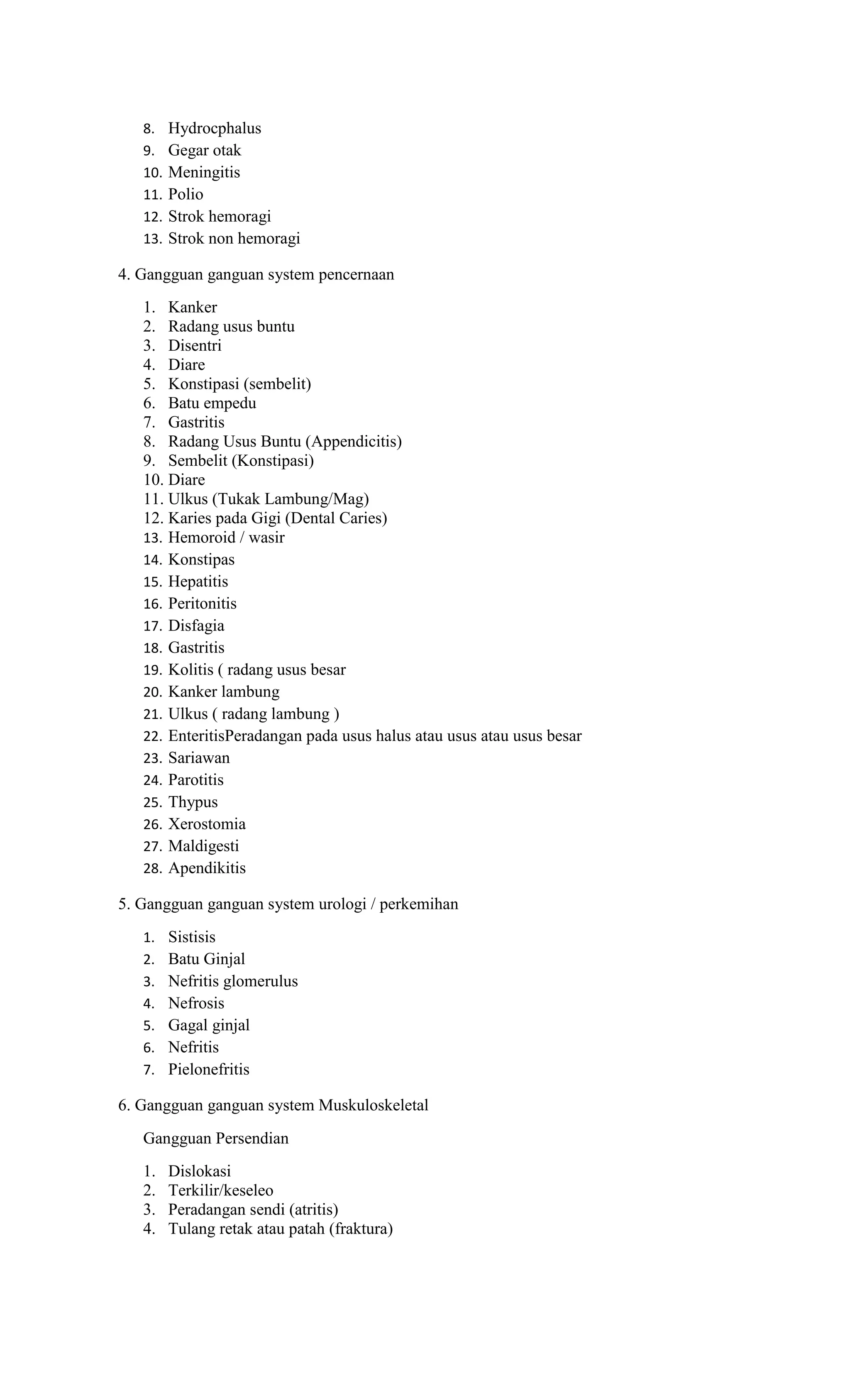 8. Hydrocphalus
9. Gegar otak
10. Meningitis
11. Polio
12. Strok hemoragi
13. Strok non hemoragi
4. Gangguan ganguan system pencernaan
1. Kanker
2. Radang usus buntu
3. Disentri
4. Diare
5. Konstipasi (sembelit)
6. Batu empedu
7. Gastritis
8. Radang Usus Buntu (Appendicitis)
9. Sembelit (Konstipasi)
10. Diare
11. Ulkus (Tukak Lambung/Mag)
12. Karies pada Gigi (Dental Caries)
13. Hemoroid / wasir
14. Konstipas
15. Hepatitis
16. Peritonitis
17. Disfagia
18. Gastritis
19. Kolitis ( radang usus besar
20. Kanker lambung
21. Ulkus ( radang lambung )
22. EnteritisPeradangan pada usus halus atau usus atau usus besar
23. Sariawan
24. Parotitis
25. Thypus
26. Xerostomia
27. Maldigesti
28. Apendikitis
5. Gangguan ganguan system urologi / perkemihan
1. Sistisis
2. Batu Ginjal
3. Nefritis glomerulus
4. Nefrosis
5. Gagal ginjal
6. Nefritis
7. Pielonefritis
6. Gangguan ganguan system Muskuloskeletal
Gangguan Persendian
1. Dislokasi
2. Terkilir/keseleo
3. Peradangan sendi (atritis)
4. Tulang retak atau patah (fraktura)
 