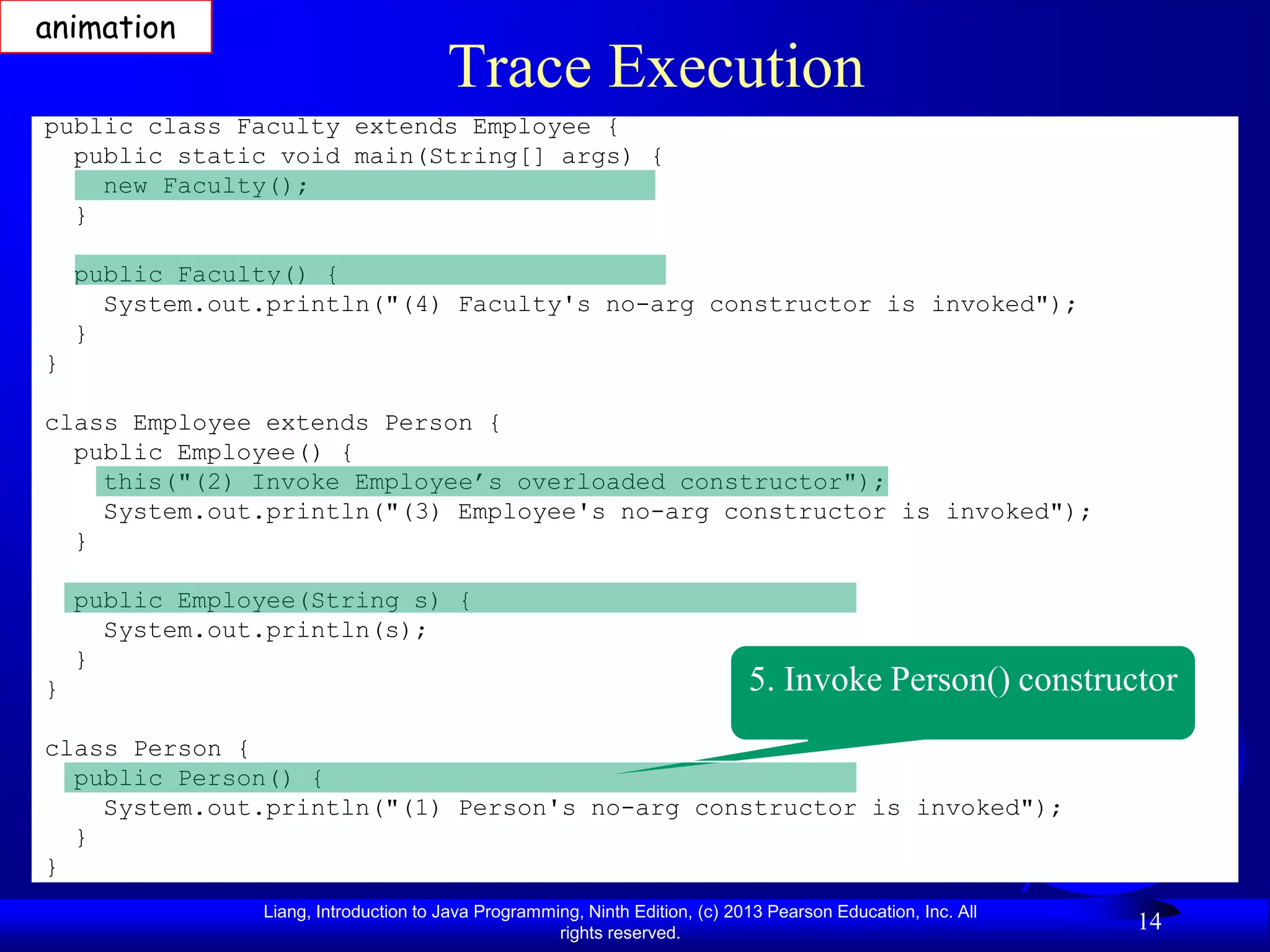 animation
                                       Trace Execution
public class Faculty extends Employee {
  public static void main(String[] args) {
    new Faculty();
  }

    public Faculty() {
      System.out.println("(4) Faculty's no-arg constructor is invoked");
    }
}

class Employee extends Person {
  public Employee() {
    this("(2) Invoke Employee’s overloaded constructor");
    System.out.println("(3) Employee's no-arg constructor is invoked");
  }

    public Employee(String s) {
      System.out.println(s);
    }
}                                                                             5. Invoke Person() constructor
class Person {
  public Person() {
    System.out.println("(1) Person's no-arg constructor is invoked");
  }
}
                Liang, Introduction to Java Programming, Ninth Edition, (c) 2013 Pearson Education, Inc. All
                                                     rights reserved.
                                                                                                               14
 