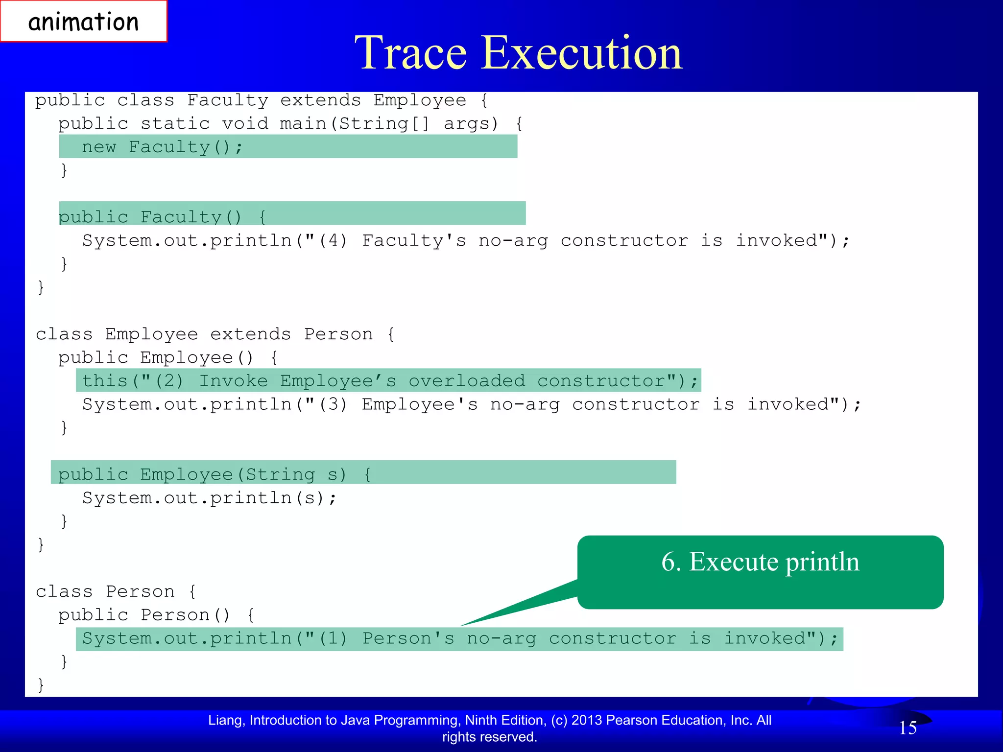animation
                                       Trace Execution
public class Faculty extends Employee {
  public static void main(String[] args) {
    new Faculty();
  }

    public Faculty() {
      System.out.println("(4) Faculty's no-arg constructor is invoked");
    }
}

class Employee extends Person {
  public Employee() {
    this("(2) Invoke Employee’s overloaded constructor");
    System.out.println("(3) Employee's no-arg constructor is invoked");
  }

    public Employee(String s) {
      System.out.println(s);
    }
}
                                                                                         6. Execute println
class Person {
  public Person() {
    System.out.println("(1) Person's no-arg constructor is invoked");
  }
}
                Liang, Introduction to Java Programming, Ninth Edition, (c) 2013 Pearson Education, Inc. All
                                                     rights reserved.
                                                                                                               15
 