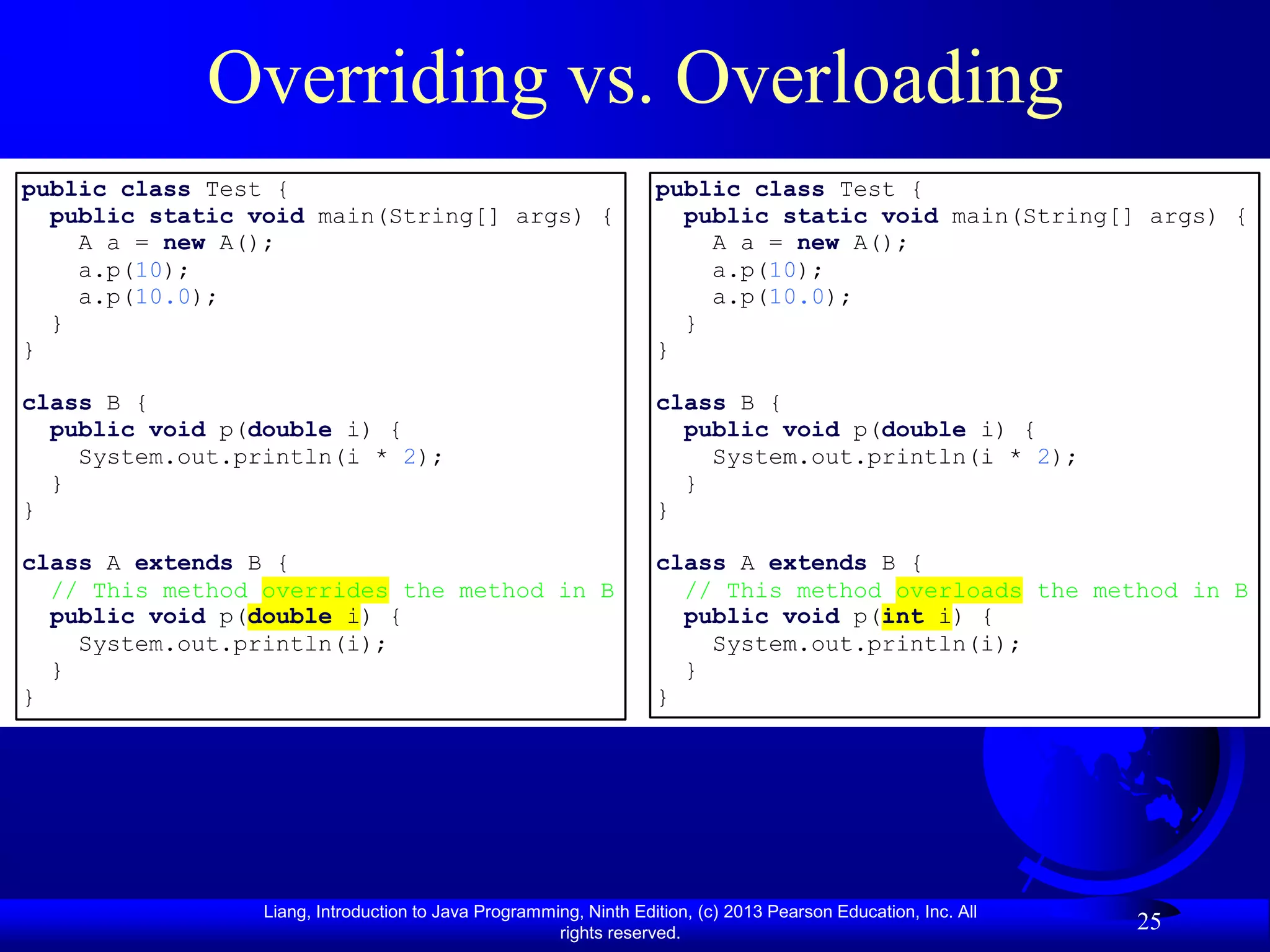 Overriding vs. Overloading
public class Test {                                                public class Test {
  public static void main(String[] args) {                           public static void main(String[] args) {
    A a = new A();                                                     A a = new A();
    a.p(10);                                                           a.p(10);
    a.p(10.0);                                                         a.p(10.0);
  }                                                                  }
}                                                                  }

class B {                                                          class B {
  public void p(double i) {                                          public void p(double i) {
    System.out.println(i * 2);                                         System.out.println(i * 2);
  }                                                                  }
}                                                                  }

class A extends B {                                                class A extends B {
  // This method overrides the method in B                           // This method overloads the method in B
  public void p(double i) {                                          public void p(int i) {
    System.out.println(i);                                             System.out.println(i);
  }                                                                  }
}                                                                  }




                 Liang, Introduction to Java Programming, Ninth Edition, (c) 2013 Pearson Education, Inc. All
                                                      rights reserved.
                                                                                                                25
 