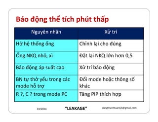 Báo động thể tích phút thấp
Nguyên nhânNguyên nhân Xử tríXử trí
Hở hệ thống ống Chỉnh lại cho đúng
Ống NKQ nhỏ, xì Đặt lại NKQ lớn hơn 0,5
Báo động áp suất cao Xử trí báo động
BN tự thở yếu trong các
mode hỗ trợ
Đổi mode hoặc th´ng số
hác
R ?, C ? trong mode PC Tăng PIP thích hợp
“LEAKAGE”03/2014 dangthanhtuan65@gmail.com
 