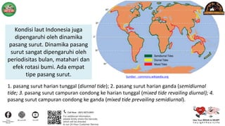 Kondisi laut Indonesia juga
dipengaruhi oleh dinamika
pasang surut. Dinamika pasang
surut sangat dipengaruhi oleh
periodisitas bulan, matahari dan
efek rotasi bumi. Ada empat
tipe pasang surut.
1. pasang surut harian tunggal (diurnal tide); 2. pasang surut harian ganda (semidiurnal
tide; 3. pasang surut campuran condong ke harian tunggal (mixed tide revailing diurnal); 4.
pasang surut campuran condong ke ganda (mixed tide prevailing semidiurnal).
Sumber : commons.wikipedia.org
 