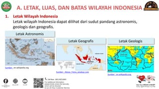 A. LETAK, LUAS, DAN BATAS WILAYAH INDONESIA
1. Letak Wilayah Indonesia
Letak wilayah Indonesia dapat dilihat dari sudut pandang astronomis,
geologis dan geografis.
Letak Astronomis
Letak Geografis Letak Geologis
Sumber : en.wikipedia.org
Sumber : Alexas_Fotos, pixabay.com
Sumber : en.wikipedia.org
 