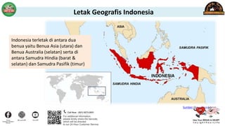 Letak Geografis Indonesia
Indonesia terletak di antara dua
benua yaitu Benua Asia (utara) dan
Benua Australia (selatan) serta di
antara Samudra Hindia (barat &
selatan) dan Samudra Pasifik (timur)
Sumber : en.wikipedia.org
 