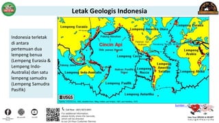 Letak Geologis Indonesia
Indonesia terletak
di antara
pertemuan dua
lempeng benua
(Lempeng Eurasia &
Lempeng Indo-
Australia) dan satu
lempeng samudra
(Lempeng Samudra
Pasifik)
Sumber : en.wikipedia.org
 