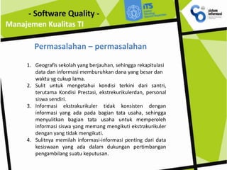 Permasalahan – permasalahan

1. Geografis sekolah yang berjauhan, sehingga rekapitulasi
   data dan informasi memburuhkan ...
