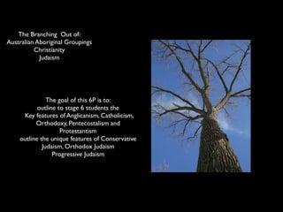 The Branching Out of:
Australian Aboriginal Groupings
          Christianity
            Judaism




                 The goal of this 6P is to:
             outline to stage 6 students the
       Key features of Anglicanism, Catholicism,
            Orthodoxy, Pentecostalism and
                      Protestantism
      outline the unique features of Conservative
               Judaism, Orthodox Judaism
                   Progressive Judaism
   outline the unique features of: – Anglicanism

   – Catholicism – Orthodoxy – Pentecostalism – Protestantism
 