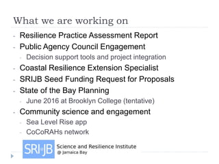 What we are working on
- Resilience Practice Assessment Report
- Public Agency Council Engagement
- Decision support tools...