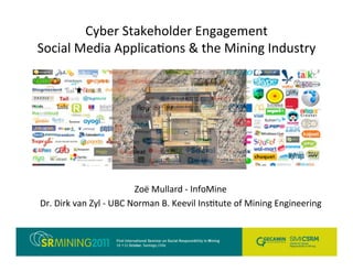 Cyber Stakeholder Engagement
Social Media Applica8ons & the Mining Industry




                        Zoë Mullard ‐ InfoMine
Dr. Dirk van Zyl ‐ UBC Norman B. Keevil Ins8tute of Mining Engineering
 