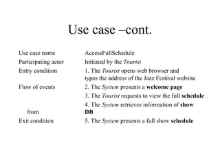 Use case –cont. Use case name AccessFullSchedule Participating actor Initiated by the  Tourist Entry condition 1. The  Tourist  opens web browser and  types the address of the Jazz Festival website Flow of events 2. The  System  presents a  welcome page 3. The  Tourist  requests to view the full  schedule   4. The  System  retrieves information of  show  from  DB   Exit condition 5. The  System  presents a full show  schedule 