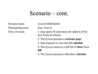 Scenario – cont. Scenario name AccessFullSchedule Participating actor Jane:  Tourist Flow of events  1. Jane opens IE and enters the address of the  Jazz Festival website 2. The  System  presents a  welcome page 3. Jane requests to view the full  schedule   4. The  System  retrieves a full list of  show  from  DB   5. The  System  presents a full show  schedule 