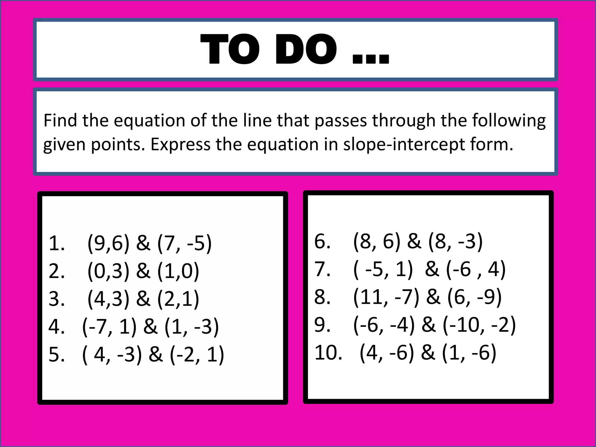 TO DO …
1. (9,6) & (7, -5)
2. (0,3) & (1,0)
3. (4,3) & (2,1)
4. (-7, 1) & (1, -3)
5. ( 4, -3) & (-2, 1)
6. (8, 6) & (8, -3)
7. ( -5, 1) & (-6 , 4)
8. (11, -7) & (6, -9)
9. (-6, -4) & (-10, -2)
10. (4, -6) & (1, -6)
Find the equation of the line that passes through the following
given points. Express the equation in slope-intercept form.
 