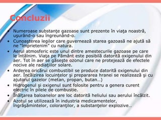Concluzii
• Numeroase substanţe gazoase sunt prezente în viaţa noastră,
uşurând-o sau îngreunând-o.
• Cunoaşterea legilor care guvernează starea gazoasă ne ajută să
ne “împrietenim” cu natura.
• Aerul atmosferic este unul dintre amestecurile gazoase pe care
le întâlnim. Viaţa pe Pământ este posibilă datorită oxigenului din
aer. Tot în aer se găseşte ozonul care ne protejează de efectele
nocive ale radiaţiilor solare.
• Arderea oricărui combustibil se produce datorită oxigenului din
aer. Încălzirea locuinţelor şi prepararea hranei se realizează şi cu
ajutorul gazelor (metan, propan, butan…)
• Hidrogenul şi oxigenul sunt folosite pentru a genera curent
electric în pilele de combustie.
• Înălţarea baloanelor are loc datorită heliului sau aerului încălzit.
• Azotul se utilizează în industria medicamentelor,
îngrăşămintelor, coloranţilor, a substanţelor explozive…
 