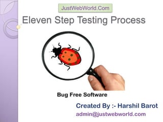 Eleven Step Testing Process
Created By :- Harshil Barot
admin@justwebworld.com
JustWebWorld.Com
 