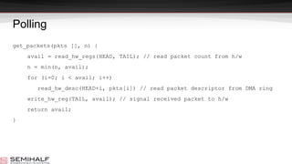 Polling
get_packets(pkts [], n) {
avail = read_hw_regs(HEAD, TAIL); // read packet count from h/w
n = min(n, avail);
for (i=0; i < avail; i++)
read_hw_desc(HEAD+i, pkts[i]) // read packet descriptor from DMA ring
write_hw_reg(TAIL, avail); // signal received packet to h/w
return avail;
}
 