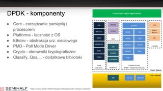 DPDK - komponenty
● Core - zarządzanie pamięcią i
procesorem
● Platforma - łączność z OS
● Ethdev - abstrakcja urz. sieciowego
● PMD - Poll Mode Driver
● Crypto - sterowniki kryptograficzne
● Classify, Qos,... - dodatkowe biblioteki
*http://vmpro.at/2014/08/18/paper-intel-dpdk-with-vmware-vsphere/
 
