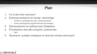 Plan
1. Co to jest stos sieciowy?
2. Ewolucja podejścia do oprogr. sieciowego
○ zmiany w architekturze syst. komputerowych
○ nowe paradygmaty programowania sieciowego
3. Wprowadzenie do aplikacji typu Dataplane
4. Przykładowy stos jako program użytkownika
○ OFP
5. Wyzwania i pułapki czekające na twórców stosów sieciowych
 