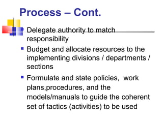  Delegate authority to match
responsibility
 Budget and allocate resources to the
implementing divisions / departments /
sections
 Formulate and state policies, work
plans,procedures, and the
models/manuals to guide the coherent
set of tactics (activities) to be used
Process – Cont.
 