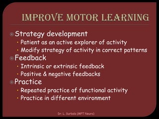 Strategy development
• Patient as an active explorer of activity
• Modify strategy of activity in correct patterns
Feedback
• Intrinsic or extrinsic feedback
• Positive & negative feedbacks
Practice
• Repeated practice of functional activity
• Practice in different environment
Dr. L. Surbala (MPT Neuro)
 