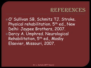 O’ Sullivan SB, Schmitz TJ. Stroke.
Physical rehabilitation. 5th ed., New
Delhi: Jaypee Brothers, 2007.
Darcy A. Umphred. Neurological
Rehabilitation, 5th ed., Mosby
Elsevier, Missouri, 2007.
Dr. L. Surbala (MPT Neuro)
 