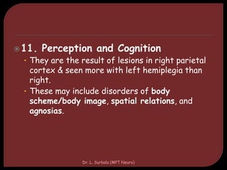11. Perception and Cognition
• They are the result of lesions in right parietal
cortex & seen more with left hemiplegia than
right.
• These may include disorders of body
scheme/body image, spatial relations, and
agnosias.
Dr. L. Surbala (MPT Neuro)
 