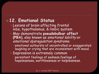 12. Emotional Status
• Lesions of brain affecting frontal
lobe, hypothalamus, & limbic system
• May demonstrate pseudobulbar affect
(PBA), also known as emotional lability or
emotional dysregulation syndrome.
 emotional outbursts of uncontrolled or exaggerated
laughing or crying that are inconsistent with mood.
• Depression is extremely common
 persistent feelings of sadness,feelings of
hopelessness, worthlessness or helplessness.
Dr. L. Surbala (MPT Neuro)
 