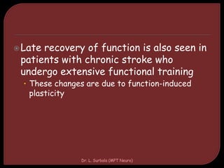 Late recovery of function is also seen in
patients with chronic stroke who
undergo extensive functional training
• These changes are due to function-induced
plasticity
Dr. L. Surbala (MPT Neuro)
 