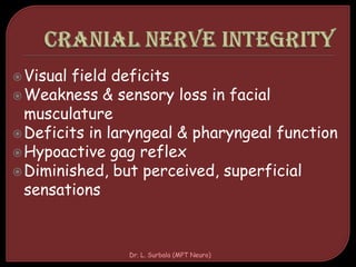 Visual field deficits
Weakness & sensory loss in facial
musculature
Deficits in laryngeal & pharyngeal function
Hypoactive gag reflex
Diminished, but perceived, superficial
sensations
Dr. L. Surbala (MPT Neuro)
 