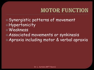 Synergistic patterns of movement
Hypertonicity
Weakness
Associated movements or synkinesis
Apraxia including motor & verbal apraxia
Dr. L. Surbala (MPT Neuro)
 