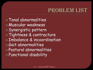 Tonal abnormalities
Muscular weakness
Synergistic pattern
Tightness & contracture
Imbalance & incoordination
Gait abnormalities
Postural abnormalities
Functional disability
Dr. L. Surbala (MPT Neuro)
 