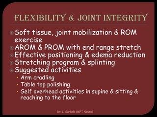Soft tissue, joint mobilization & ROM
exercise
AROM & PROM with end range stretch
Effective positioning & edema reduction
Stretching program & splinting
Suggested activities
• Arm cradling
• Table top polishing
• Self overhead activities in supine & sitting &
reaching to the floor
Dr. L. Surbala (MPT Neuro)
 