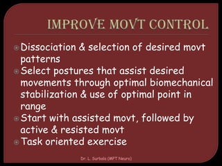 Dissociation & selection of desired movt
patterns
Select postures that assist desired
movements through optimal biomechanical
stabilization & use of optimal point in
range
Start with assisted movt, followed by
active & resisted movt
Task oriented exercise
Dr. L. Surbala (MPT Neuro)
 