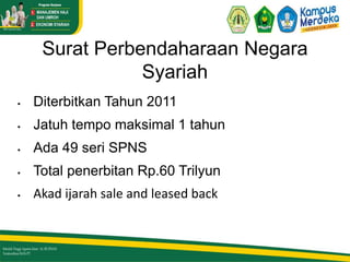 Surat Perbendaharaan Negara
Syariah
 Diterbitkan Tahun 2011
 Jatuh tempo maksimal 1 tahun
 Ada 49 seri SPNS
 Total penerbitan Rp.60 Trilyun
 Akad ijarah sale and leased back
 