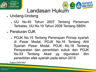 Landasan Hukum
● Undang-Undang
● UU No.40 Tahun 2007 Tentang Perseroan
Terbatas, UU No.19 Tahun 2008 Tentang SBSN
● Peraturan OJK
● POJK No.15 Tentang Penerapan Prinsip syariah
di Pasar Modal, POJK No.16 Tentang Ahli
Syariah Pasar Modal, POJK No.18 Tentang
Persyaratan dan penerbitan sukuk dan POJK
No.53 Tentang Akad yg digunakan dlm
penerbitan efek syariah pada tahun 2015
● Fatwa DSN MUI
 