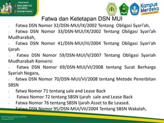 Fatwa dan Ketetapan DSN MUI
Fatwa DSN Nomor 32/DSN-MUI/IX/2002 Tentang Obligasi Syari’ah,
Fatwa DSN Nomor 33/DSN-MUI/IX/2002 Tentang Obligasi Syari’ah
Mudharabah,
Fatwa DSN Nomor 41/DSN-MUI/III/2004 Tentang Obligasi Syari'ah
Ijarah
Fatwa DSN Nomor 59/DSN-MUI/V/2007 Tentang Obligasi Syariah
Mudharabah Konversi
Fatwa DSN Nomor 69/DSN-MUI/VI/2008 tentang Surat Berharga
Syariah Negara,
fatwa DSN Nomor 70/DSN-MUI/VI/2008 tentang Metode Penerbitan
SBSN
fatwa Nomor 71 tentang sale and Lease Back
Fatwa Nomor 72 tentang SBSN Ijarah sale and Lease Back
Fatwa Nomor 76 tentang SBSN Ijarah Asset to Be Leased.
Fatwa DSN Nomor 95/DSN-MUI/VII/2004 Tentang SBSN Wakalah,
 
