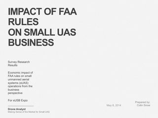 IMPACT OF FAA 
RULES 
ON SMALL UAS 
BUSINESS 
Survey Research 
Results 
Economic impact of 
FAA rules on small 
unmanned aerial 
systems (sUAS) 
operations from the 
business 
perspective 
For sUSB Expo 
Drone Analyst 
Making Sense of the Market for Small UAS 
May 8, 2014 
Prepared by: 
Colin Snow 
 