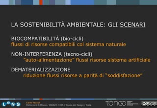 LA SOSTENIBILITÀ AMBIENTALE: GLI SCENARI

BIOCOMPATIBILITÀ (bio-cicli)
flussi di risorse compatibili col sistema naturale

NON-INTERFERENZA (tecno-cicli)
   ”auto-alimentazione” flussi risorse sistema artificiale

DEMATERIALIZZAZIONE
   riduzione flussi risorse a parità di “soddisfazione”




      Carlo Vezzoli
      Politecnico di Milano / INDACO / DIS / Scuola del Design / Italia
 